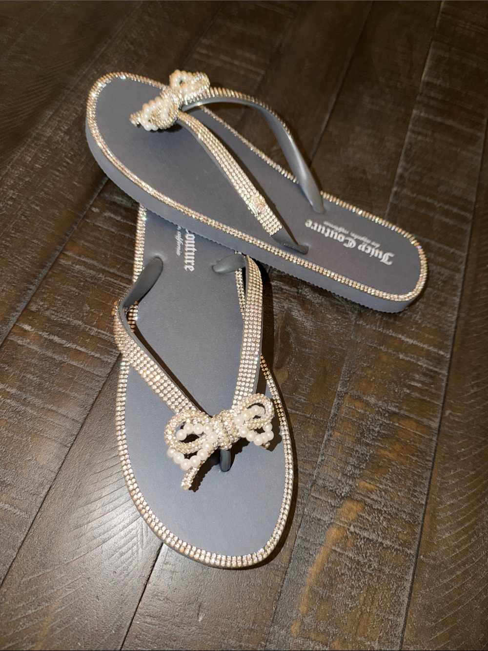 Juicy Couture Gray Flip Sandals with Pearl Bow & Crystal Accents